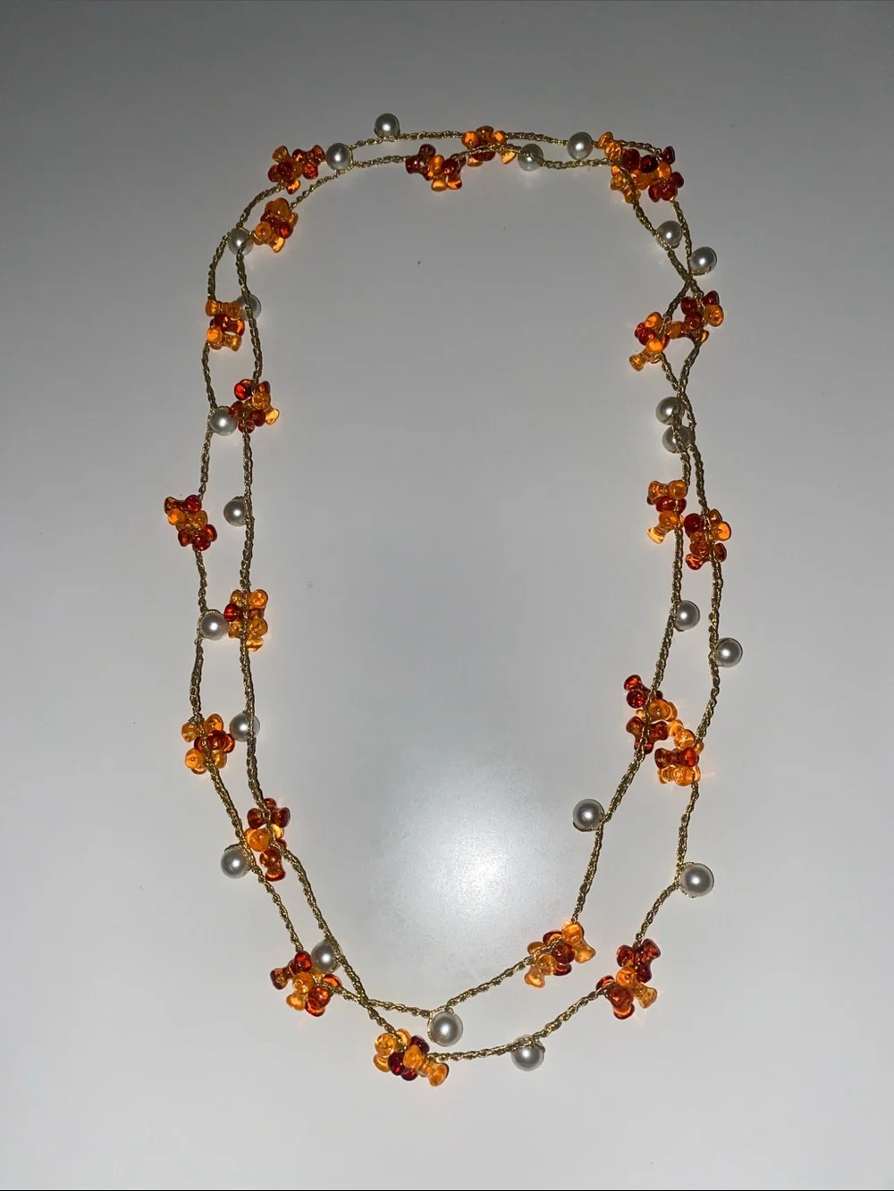 Gold-Tone Orange Beaded Floral Strand Necklace